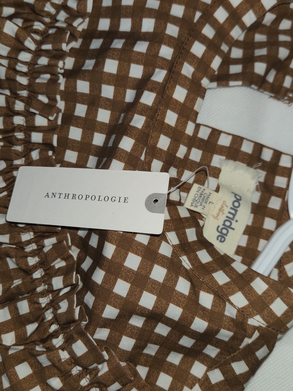 Anthropologie Porridge Dress Large L Brown Gingham Ruffle Plaid Mini Tiered NWT - Picture 4 of 14